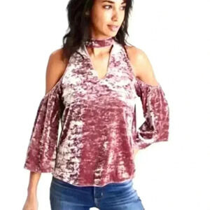 American Eagle Victorian Crush Velvet Crop Neck Cold Shoulder Boho Top Size S